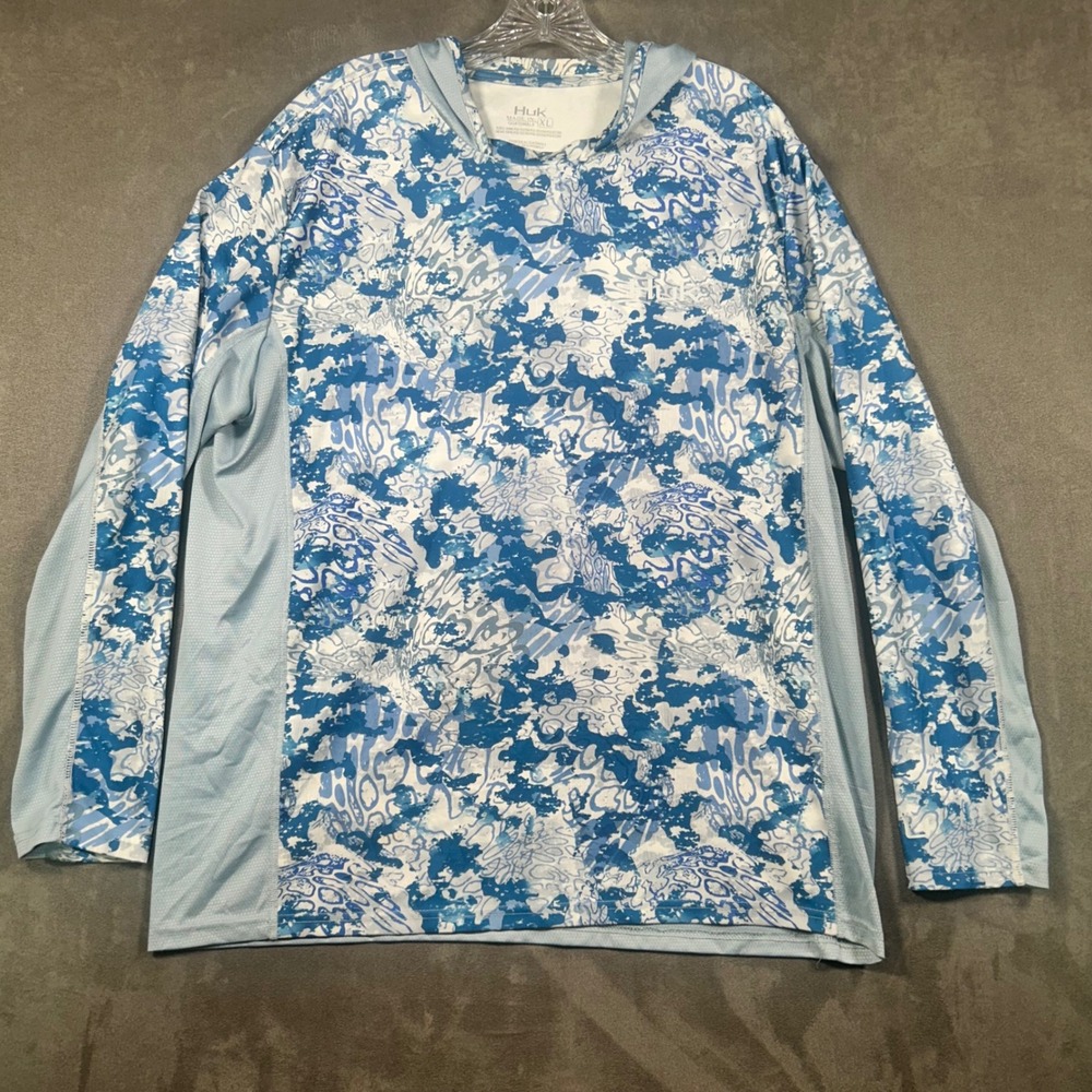 Huk Mens XL Blue Camo Long Sleeve Fishing Hoodie Performance Shirt